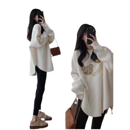 Women's White Long-Sleeve T-Shirt for Spring and Autumn/Winter, Fleece Lined, Thick, Loose Fit, Mid-Length, Bottom Covering, Layering Top, Base Shirt