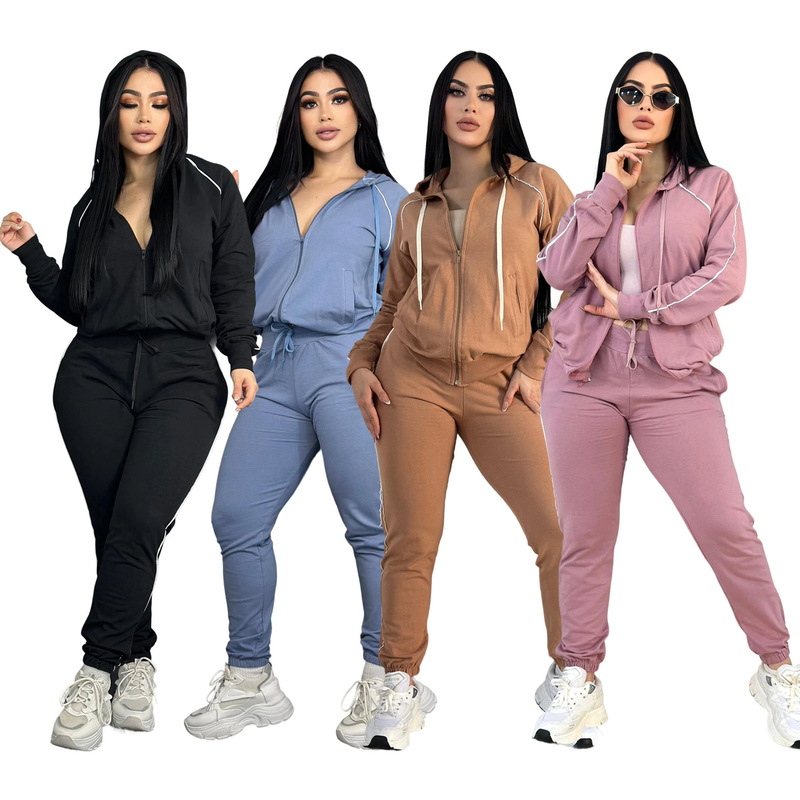 Autumn and Winter Trendy Embroidered Letter Zipper Sweatshirt Multi-Pocket Jogger Pants Casual Sports Set Q6297