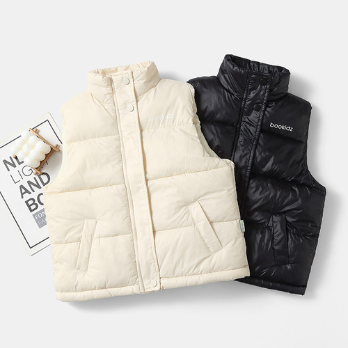  Winter Children's Thick Down Cotton Vests with Stand Collar for Boys and Girls, Spring and Autumn Outerwear, Kimono-style Backless Jacket
