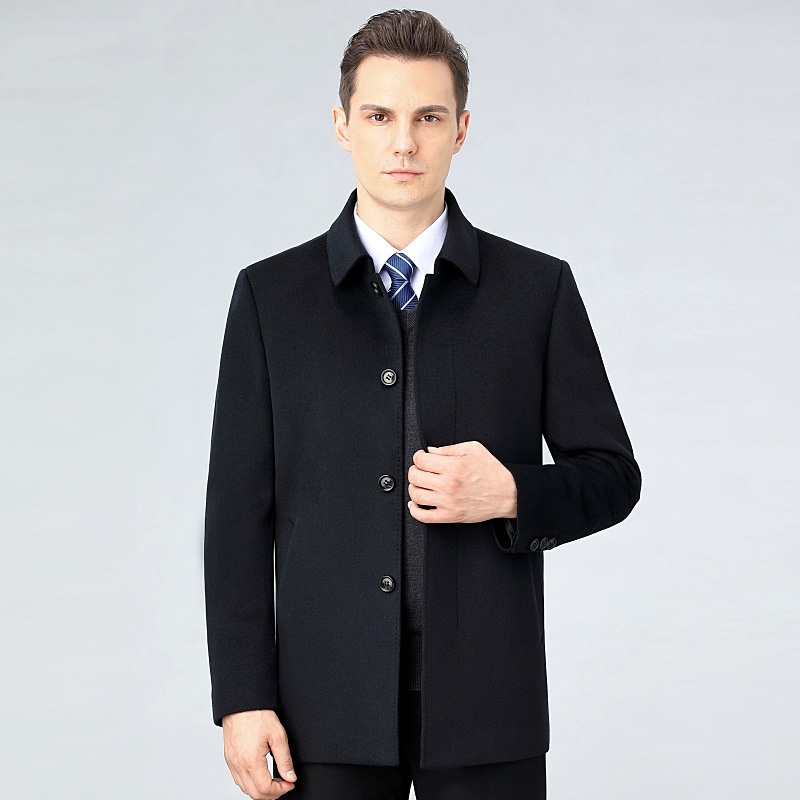 Authentic men's cashmere wool coat for middle-aged and elderly men, new style for autumn and winter, thick jacket with lapel.