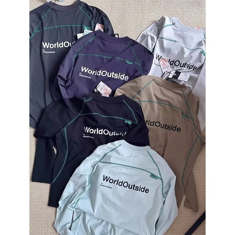 American Trendy 2025 New Quick-Drying Outdoor Splicing Contrasting Color Men's and Women's Cycling Sports Round Neck Bottoming Shirt Long-Sleeved T-Shirt