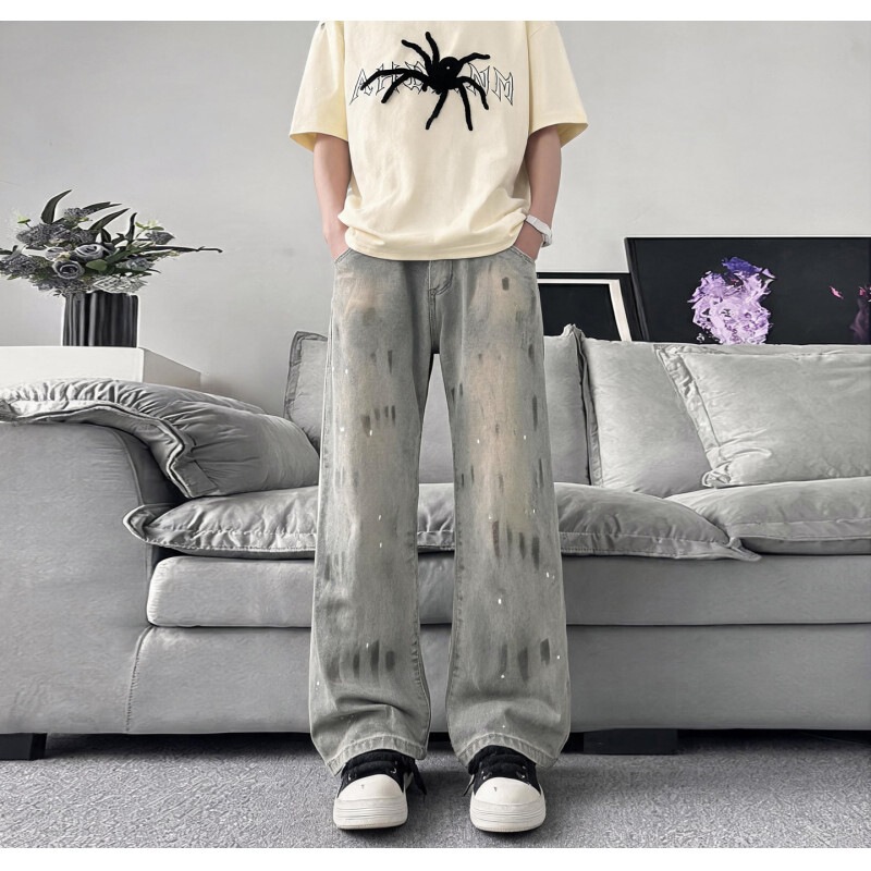 Vintage straight-leg men's jeans with a slight flare, high street cat scratch design, boyfriend style, loose wide-leg, versatile trendy brand Vintage straight-leg men's jeans with a slight flare, high street cat scratch design, boyfriend style, loose wide-leg, versatile trendy brand