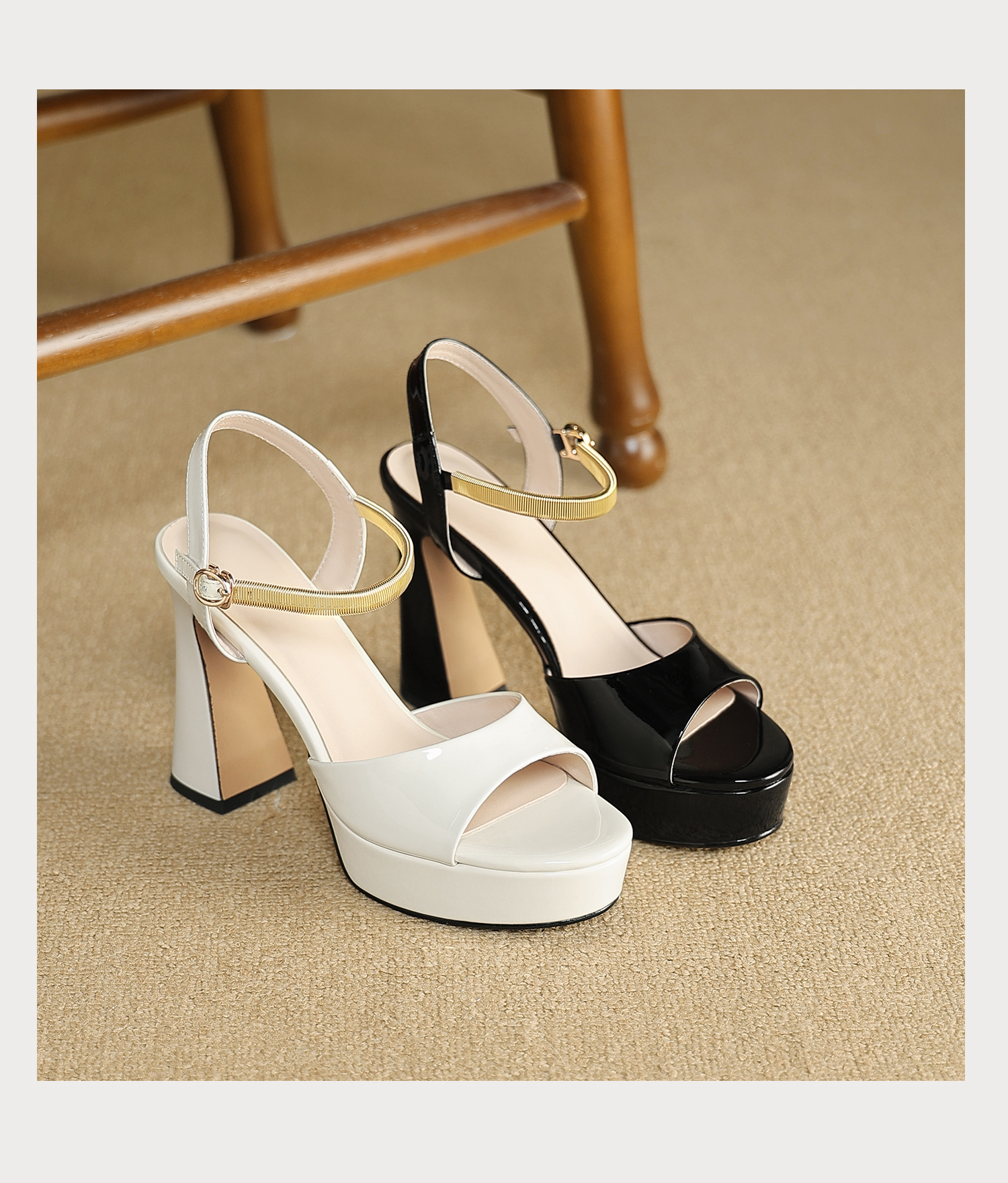Sandal peep toe nữ quai ngang gót vuông platform đế cao 9 cm — màu đen, màu trắng ngà chi tiết 19