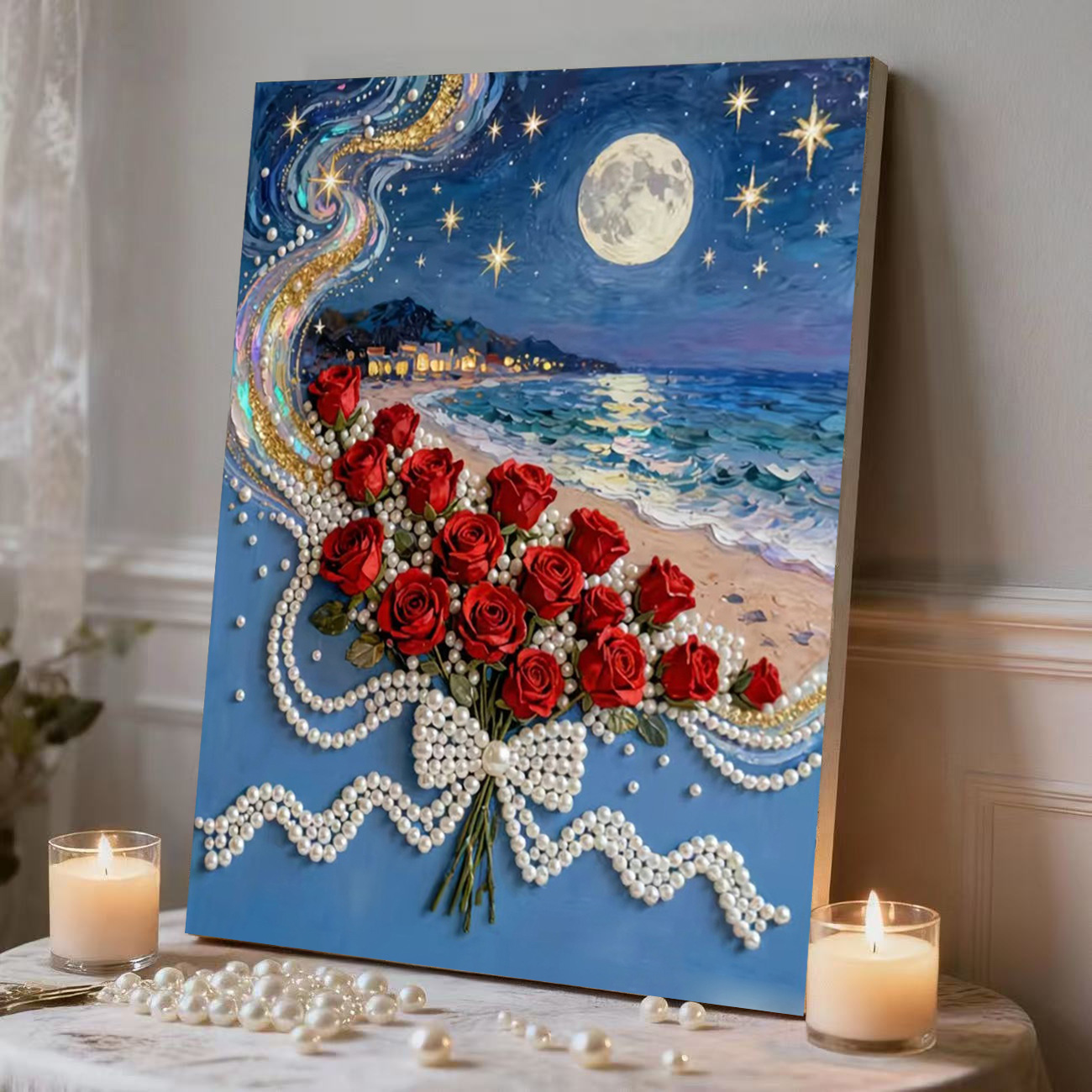 N32-sea rose / Comes with glue [30* 40cm nailed solid wood inner frame] + pearls + dotting pen + diamond plate + jelly glue