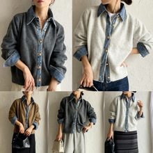 现货 跨境出口日本乐天ins亚马逊外贸日韩宽松日系牛仔拼接针织衫