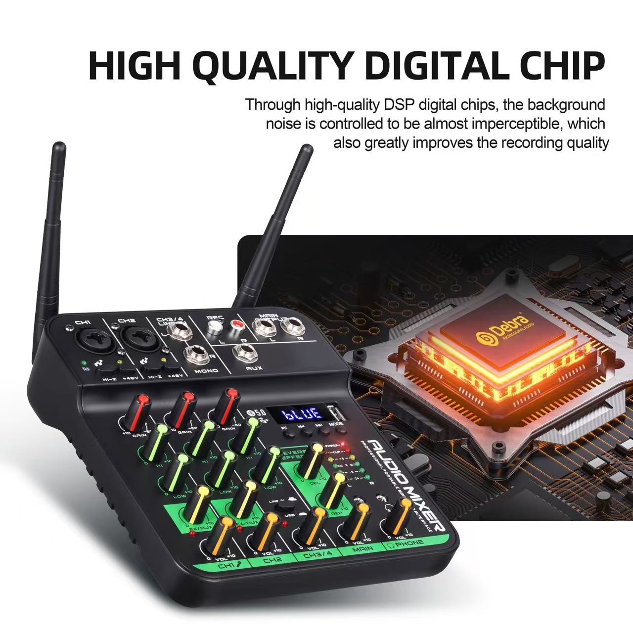 Mezclador de audio DJ Pro con micrófono inalámbrico Mezclador de audio DJ de 4 canales para karaoke