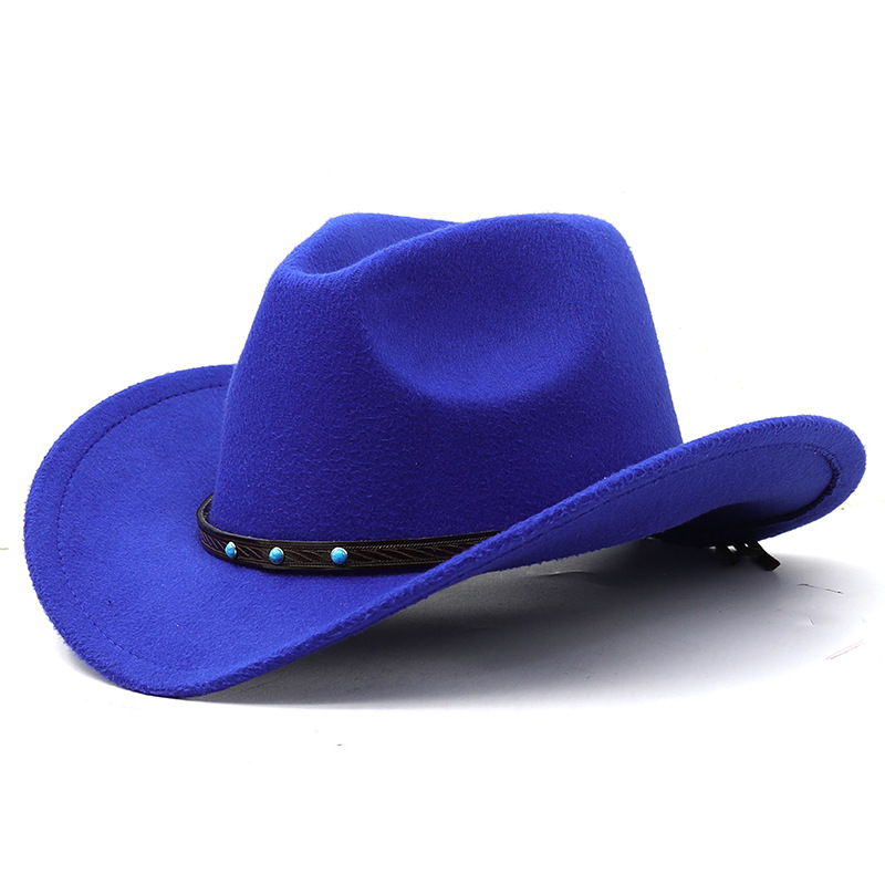 Cappello unisex semplice deformato cappello jazz in lana cappello a cilindro blu turchese cintura tinta unita cappello da cowboy western_voghion.com