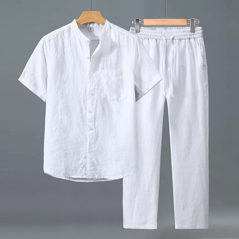 925+3047 Linen Shirt Men's Short-Sleeved Long Pants Summer Thin Linen Chinese Retro Casual Chinese-Style Suit for Men