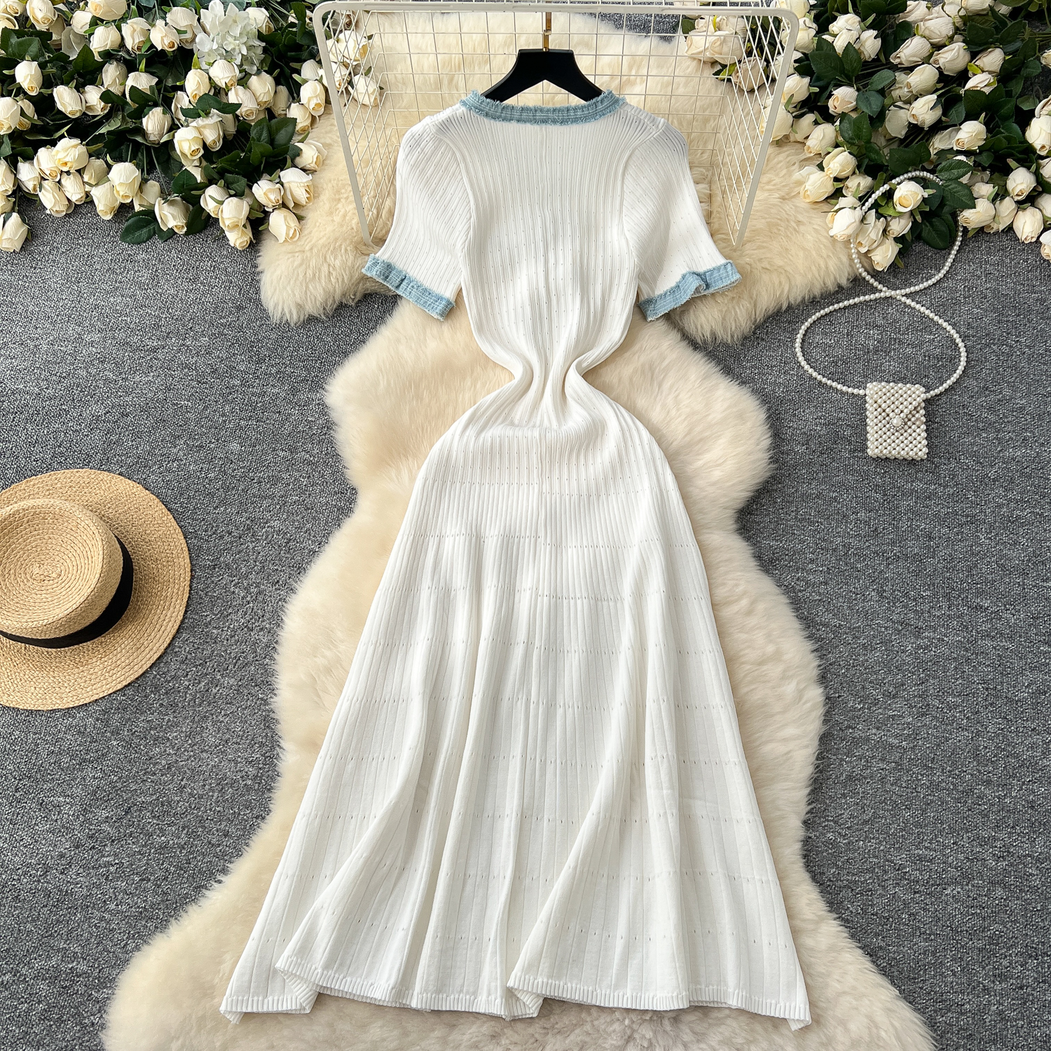 Elegant Denim Patchwork Short Sleeve Dress With Metal Buttons - High Waist A-Line Midi Dress For Women, Casual Office Wear (White/Black/Blue)_ecoleips.com
