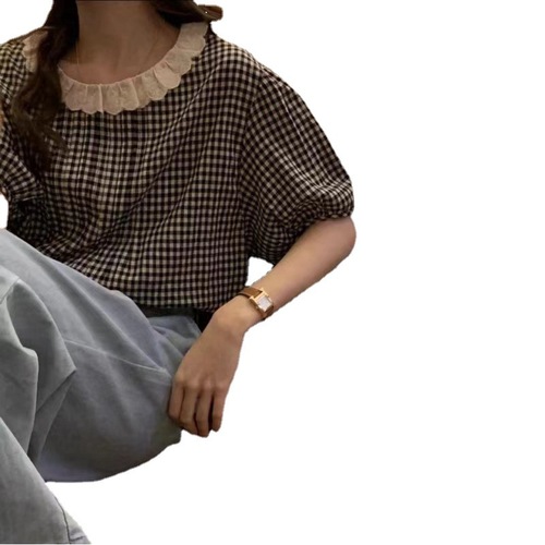 Korean Dongdaemun 2024 Sweet Lace Edge Youthful Bubblesleeve Front and Back Wear Check Shirt for Women