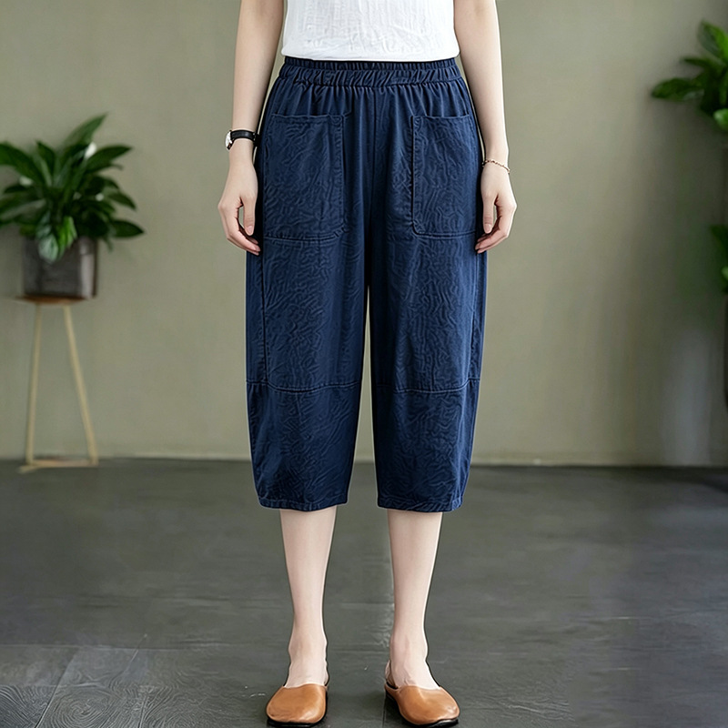 Linen Solid Color Women's Cropped Pants, Summer Thin Large Size Loose Cotton-Linen Women's Pants, New Casual Elastic Waist Harem Pants