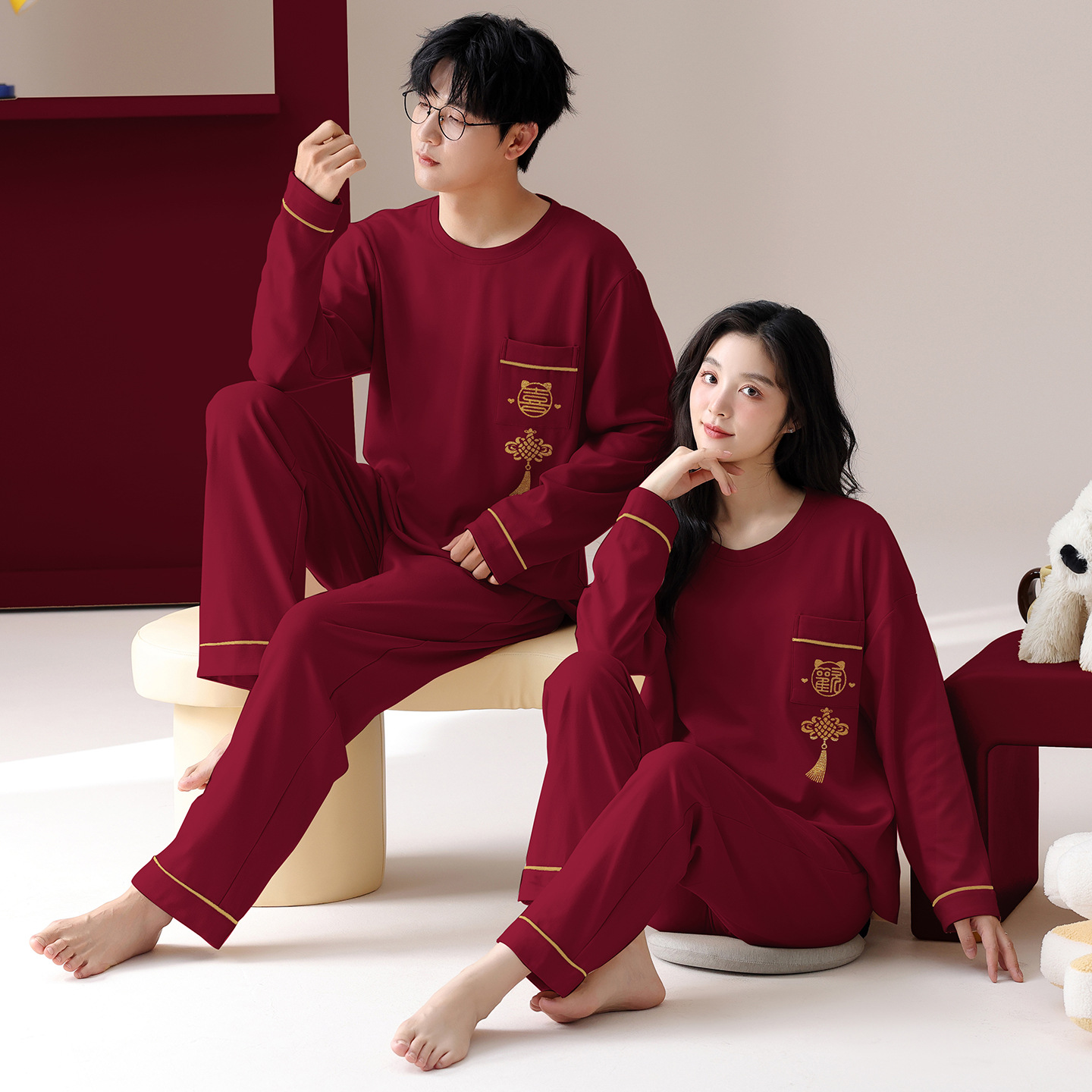 High-End Couple Pajamas Autumn and Winter Pure Cotton Long-Sleeved Pants Two-Piece Set for Men and Women's Zodiac Year Red Home Wear Set