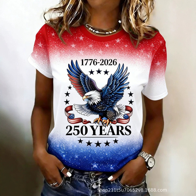 2026 Usa 250Th Anniversary Women's Crew Neck T-Shirt Short Sleeve Top American Independence Day Ladies' Casual Top