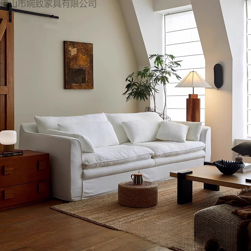 Wabi-Sabi Style Sofa with Linen Fabric for Small Living Rooms, Detachable and Washable, French-Style Straight-Row Cotton and Linen Sofa