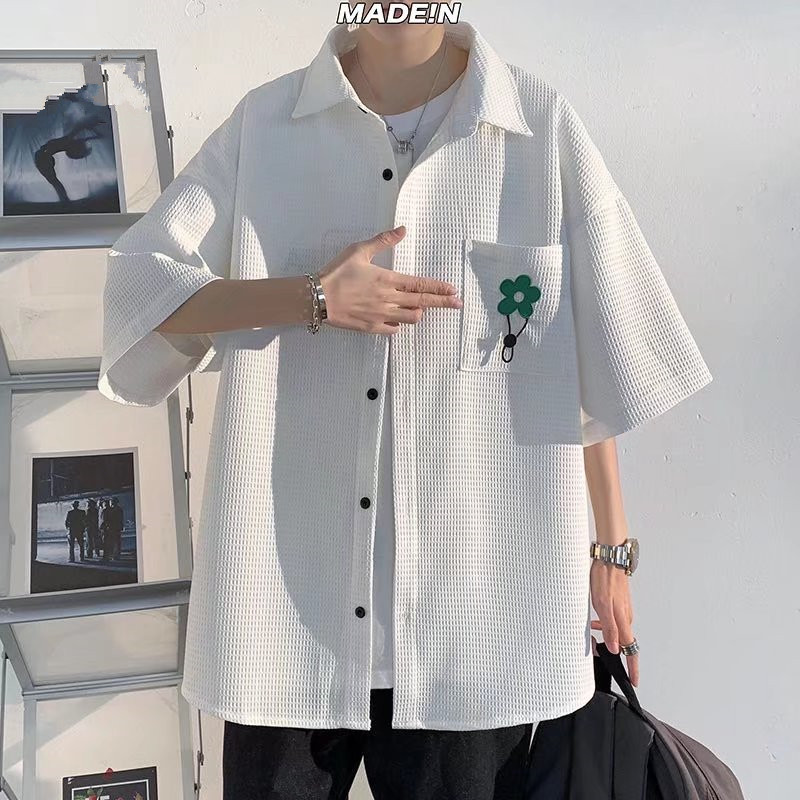 Hair stylist fashion brand waffle shirt men's design sense niche oversize7 split sleeve shirt lovers roora