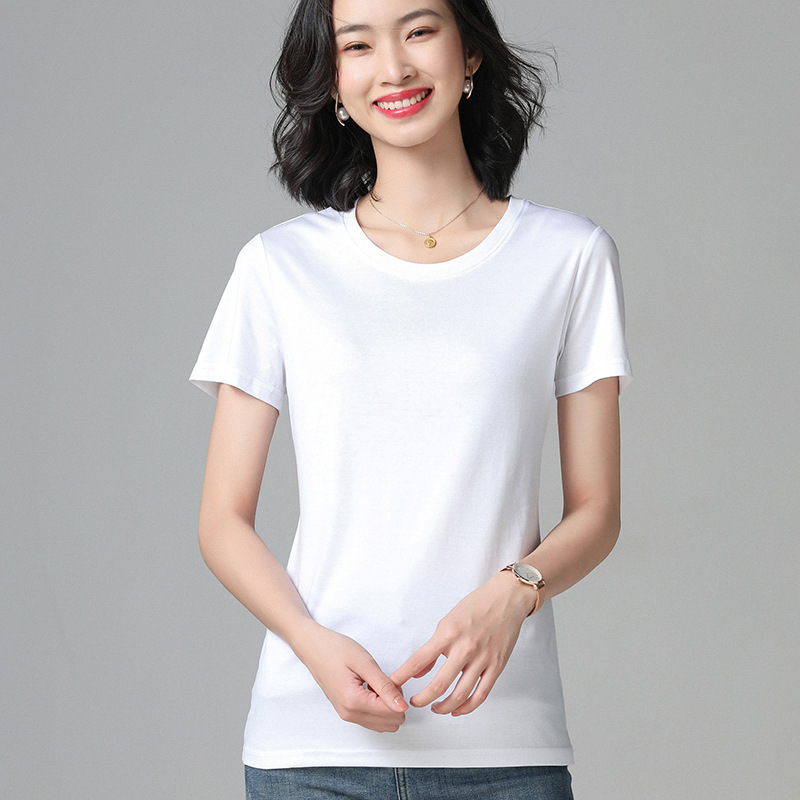 80-Count Mercerized Cotton T-Shirt for Women, Versatile Round Neck V-Neck Short-Sleeve Summer White Top, Loose Fit, Slimming, Elegant, Suitable for Work