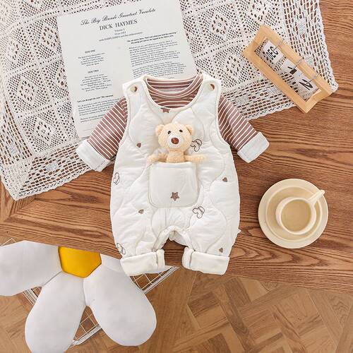 Winter unisex baby Korean-style casual outerwear warm and thick strap pants with teddy bear wide shoulder padded strap set