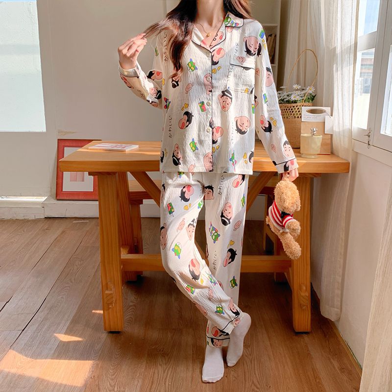 Nuevo conjunto de pijamas de algodón nublado transfronterizo de manga larga delgada primavera y otoño de mujeres lindos pantalones de dibujos animados dulces ropa para el hogar
