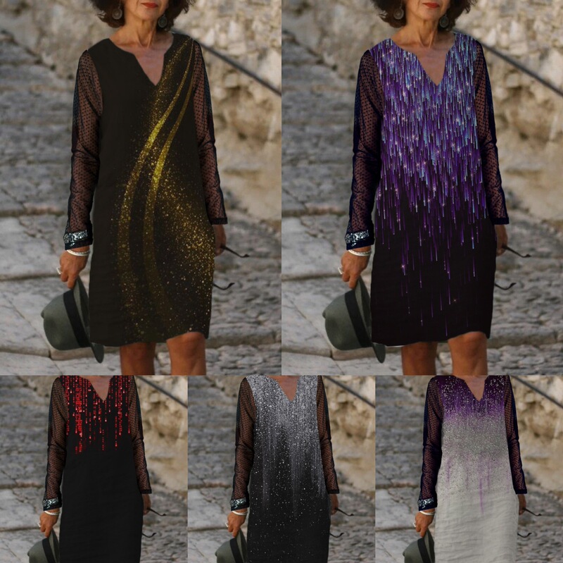 2024 European and American Cross-border Women's AliExpress Amazon Gradient Positioning Printing V-Neck Lace Sleeve Long Sleeve dress 2024 European and American Cross-border Women's AliExpress Amazon Gradient Positioning Printing V-Neck Lace Sleeve Long Sleeve dress