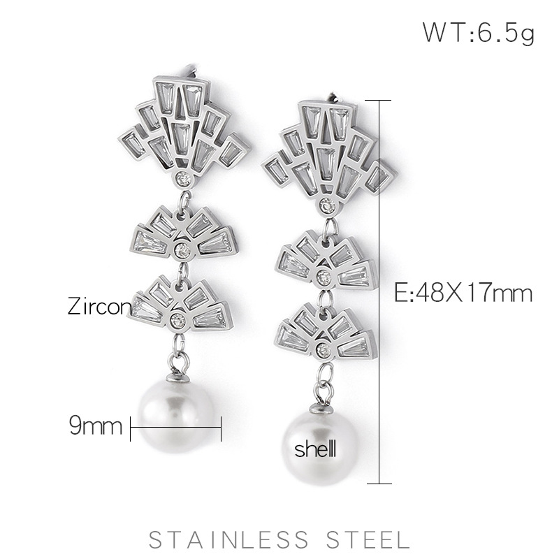 10g Weight PVD Coated Gold Plating Process Fashion Geometric Titanium Steel Earrings Inlay Artificial Pearls Zircon Stainless Steel Earrings