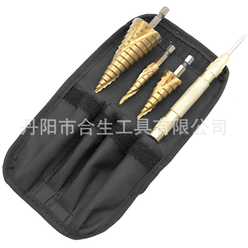 Transfronterizo de 4 piezas bolsa de tela Centro de perforación espiral ranura escalera hexagonal broca traje centrado perforación escariado