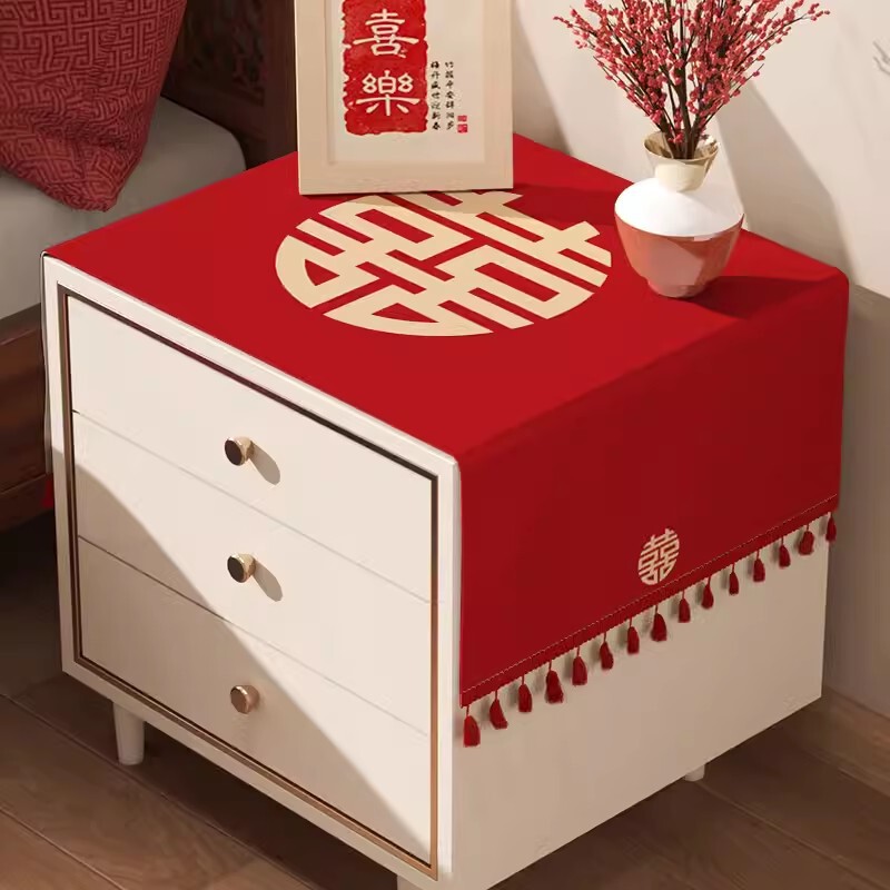 Wedding Bedside Table Cover Cloth Red Festive Wedding Room Countertop Decorative Arrangement Cover Wedding Day Desktop Dust Cover Tablecloth