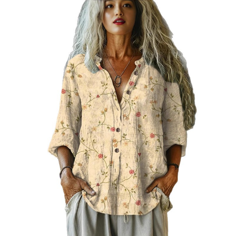 亚马逊女式大码夏季女休闲碎花衬衫女装小雏菊衬衫3D印花衬衫|undefined