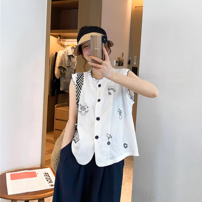 Sijiqing Piao Yi Xizang Blue Lace Patchwork Embroidered Shirt for Women 2025 Summer New Linen Sleeveless Top Sijiqing Piao Yi Xizang Blue Lace Patchwork Embroidered Shirt for Women 2025 Summer New Linen Sleeveless Top