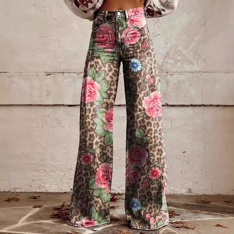 2026 Foreign Trade Cross-Border Aliexpress Ebay European and American Foreign Trade Plus-Size Women's Casual Pants Thin Imitation Denim Wide-Leg Pants