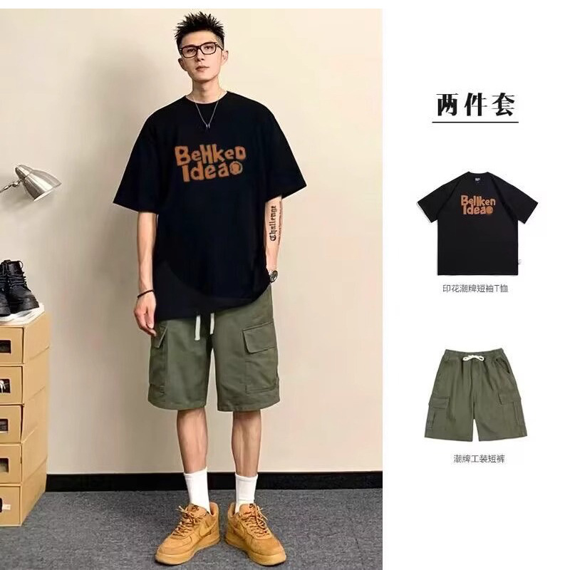 Japanese-Style Trendy Brand Short-Sleeve T-Shirt Men's Summer Set Loose Fit Men's Clothing Set with Cargo Shorts