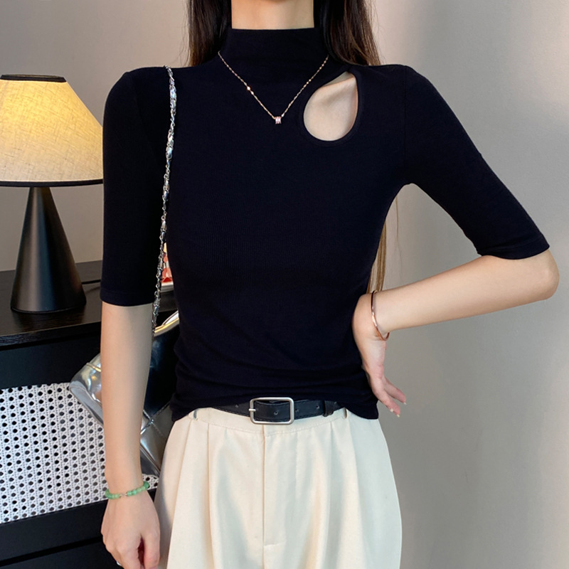 Threaded Black Hollow Half-High Collar Base 셔츠 여성의 초가을 얇은 니트 슬림 핏 트렌디 한 긴팔 탑