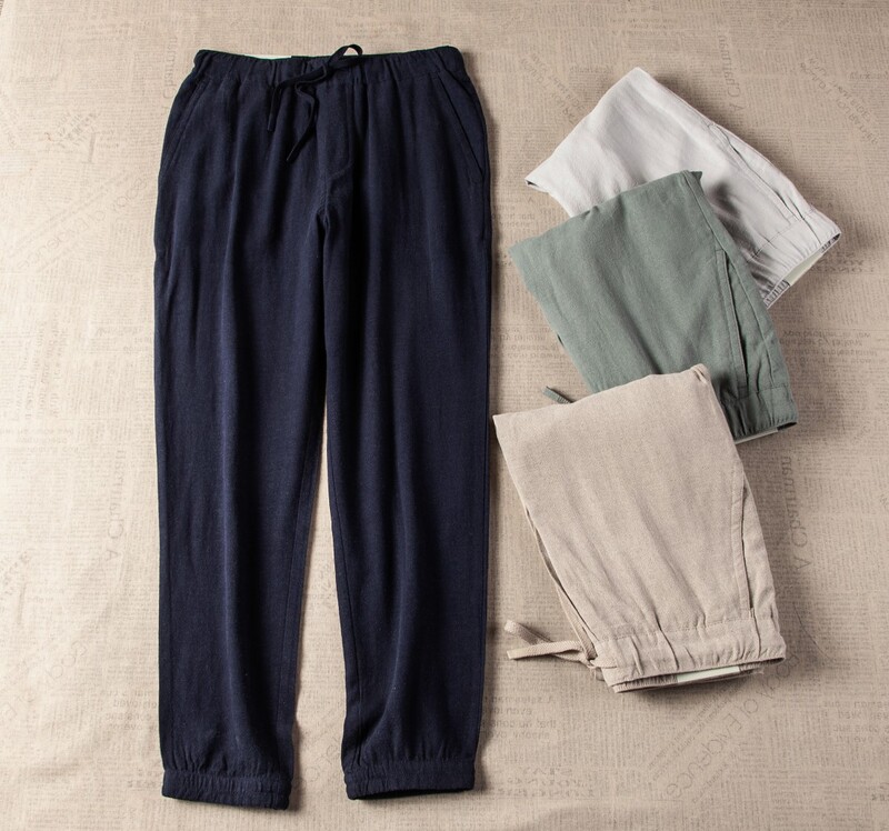 Summer new men's linen casual straight pants loose comfortable cool breathable cotton linen drawstring pants trendy men's trousers