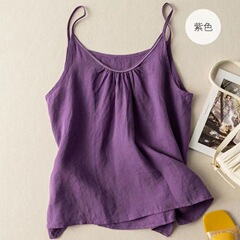 新しい夏の純綿のキャミソールの婦人服の綿と麻の純色は底を打って外に文芸の復古の薄い金のゆったりしている上着を着ます。