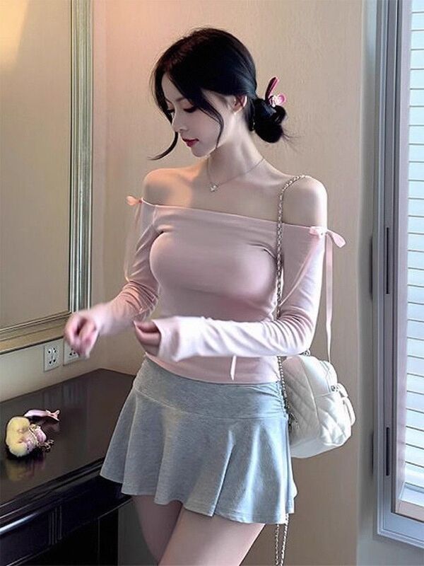 [260g cotton modal] off-shoulder bow lace long sleeve T-shirt women's slim short top pink