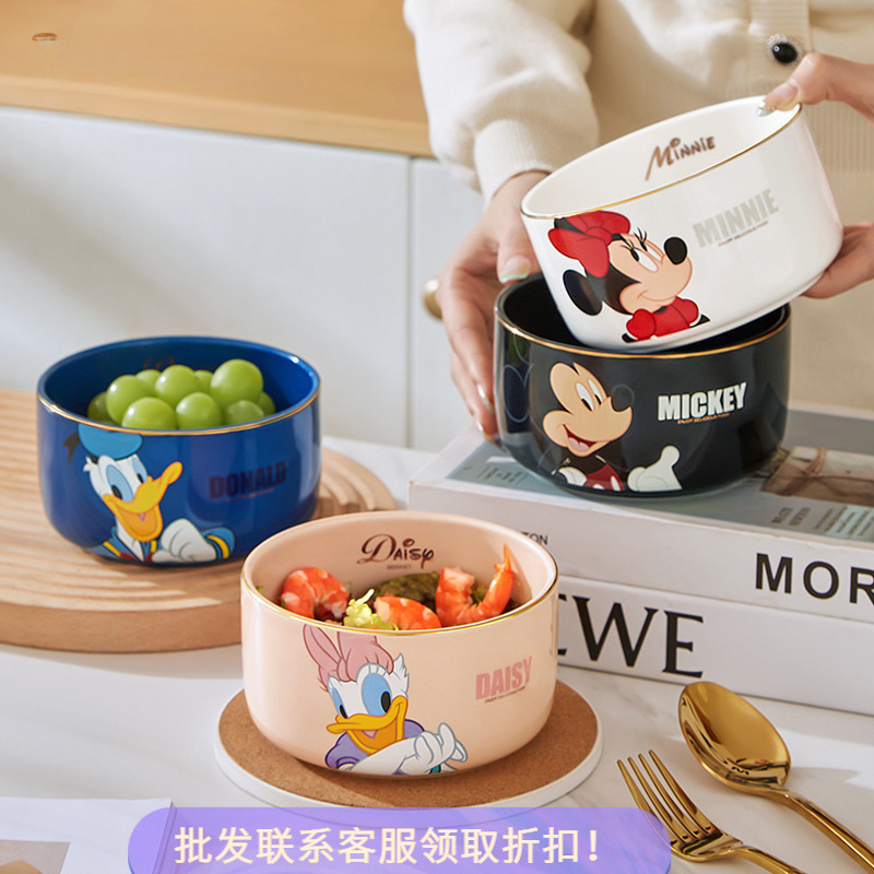 Cartoon Ceramic Bowls and Chopsticks, Household Tableware, Mickey Plates, Rice Bowls, Cute Plate and Dish Set, Light Luxury Gold-Rimmed Noodle Bowls