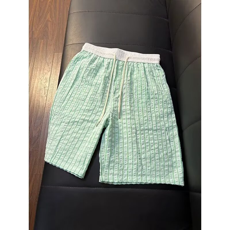 Men's Thin Seersucker Ice Silk Plaid Quick Drying Beach Shorts Summer Athletic Capri Pants_viptrois.com