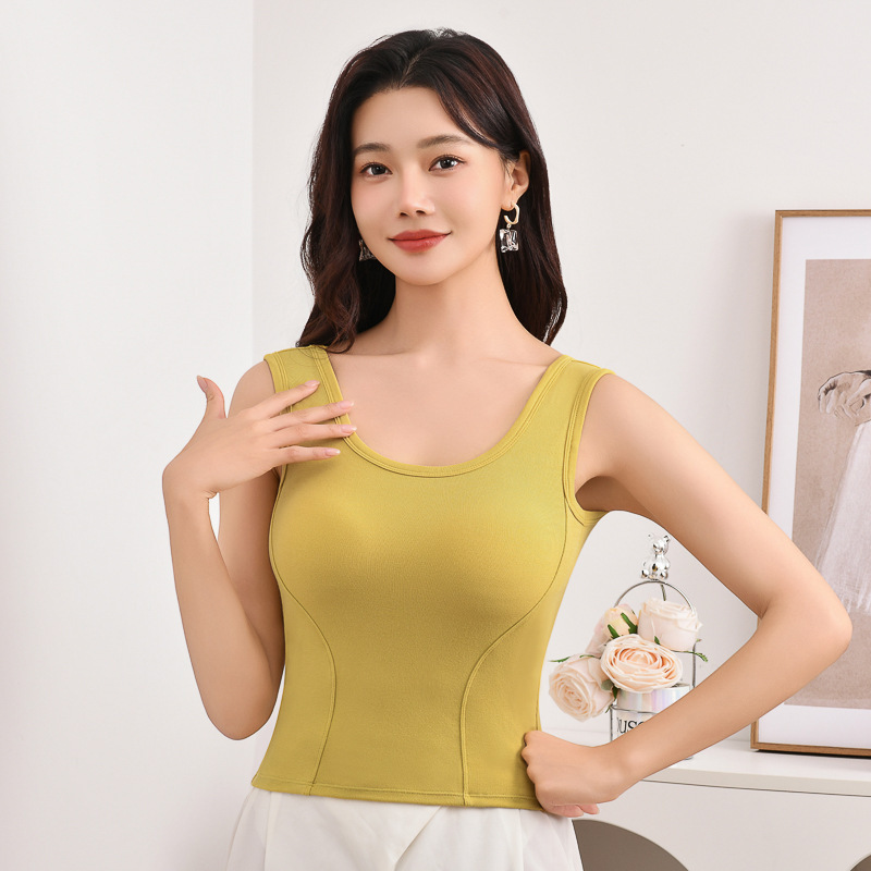 U-Neck Beautiful Back New Wide Shoulder Fixed Cup Vest for Women, Comfortable Summer Long Style Outer Wear Fashionable Simple Top