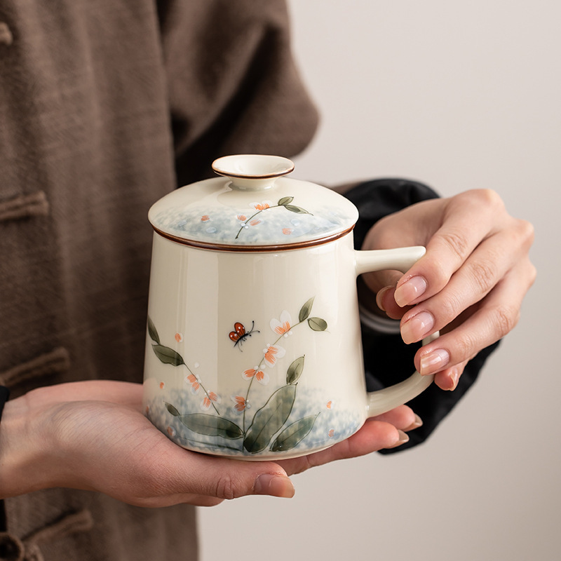 手描きセラミックパーソナルカップ茶水分離ティーカップ蓋フィルターオフィスマグギフト|undefined
