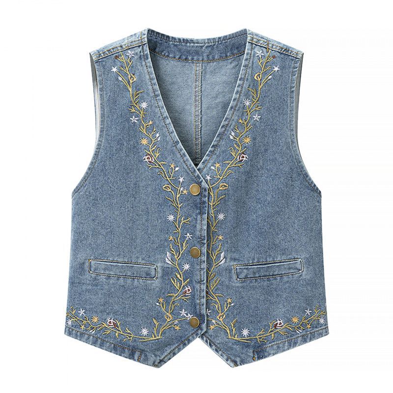 Vintage Embroidered Denim Vest for Women 2026 Spring and Autumn New Style Petite V-Neck Layered Vest for Outerwear