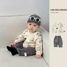 ins婴儿T恤套装春季新款男童长袖上衣宝宝秋季卡通印花百搭打底衫