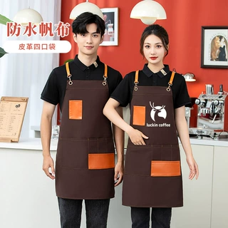 新款帆布印字围裙咖啡厅奶茶店工作服工装服务员帆布防水耐磨玲