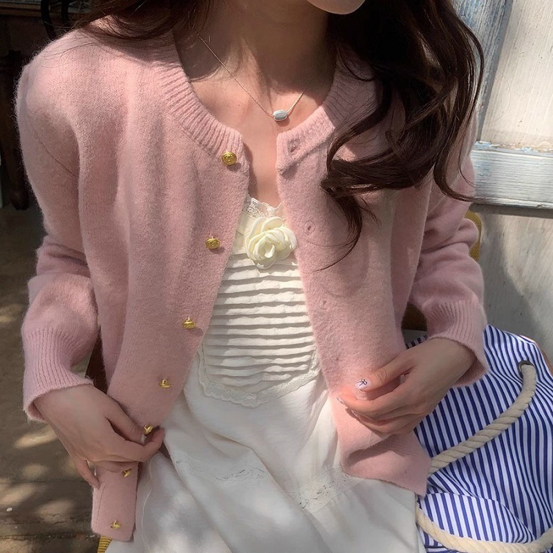 复古金扣开衫女秋冬针织衫纯色圆领长袖毛衣女装针织外套现货批发|undefined