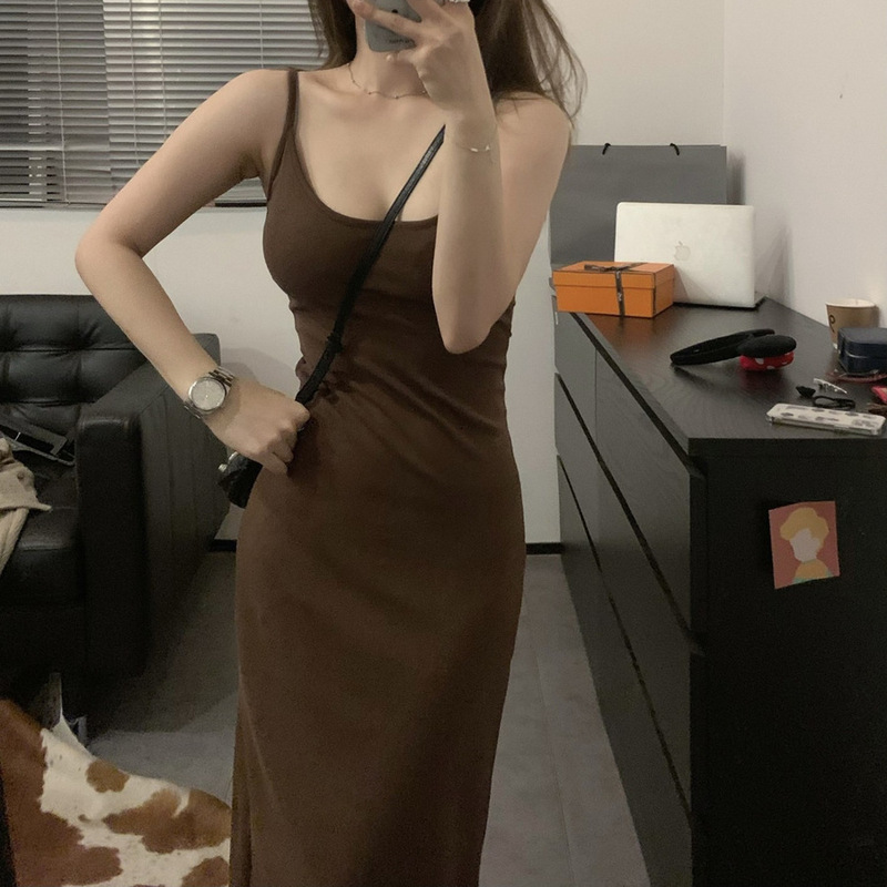 Royee people are all willing to wear slimming all-match pure desire slim brown knitted suspender skirt waist bottoming dress