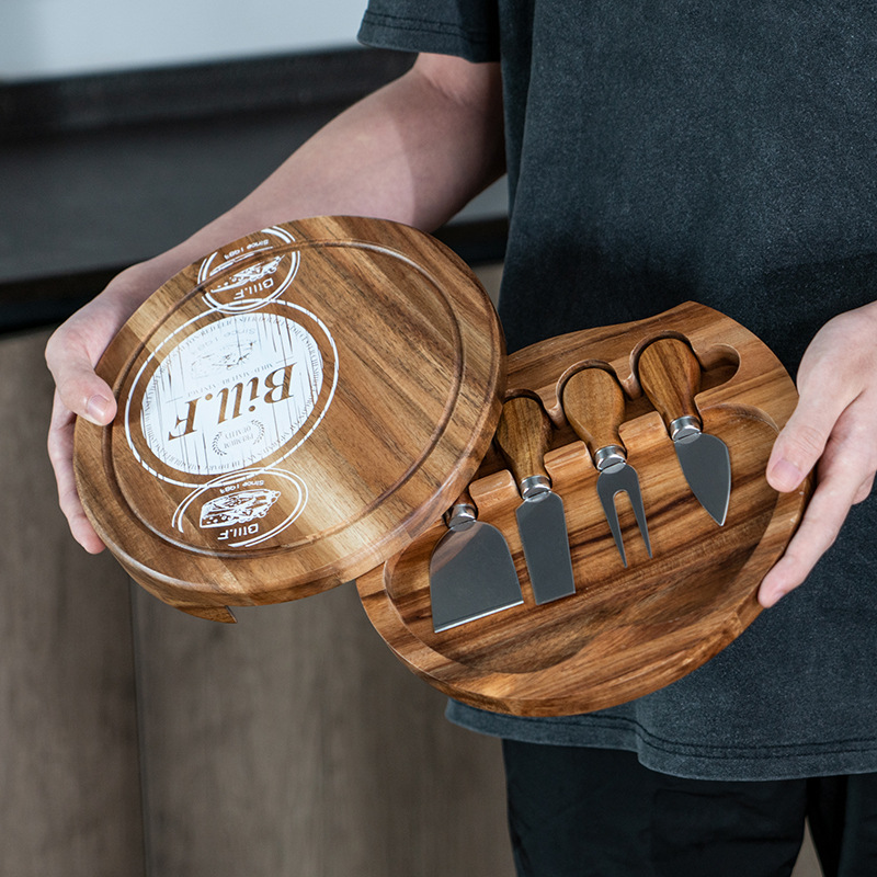 Acacia plato de queso caja redonda cuchillo de carne y tenedor plato de queso cuchillo y tenedor caja de camping swing placa cuchillo de mantequilla comida occidental tabla de cortar