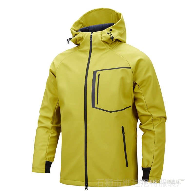 Cross-Border Outdoor Soft Shell Jacket, Men's Outdoor Windproof and Waterproof Casual Jacket, Velvet Hooded Jacket