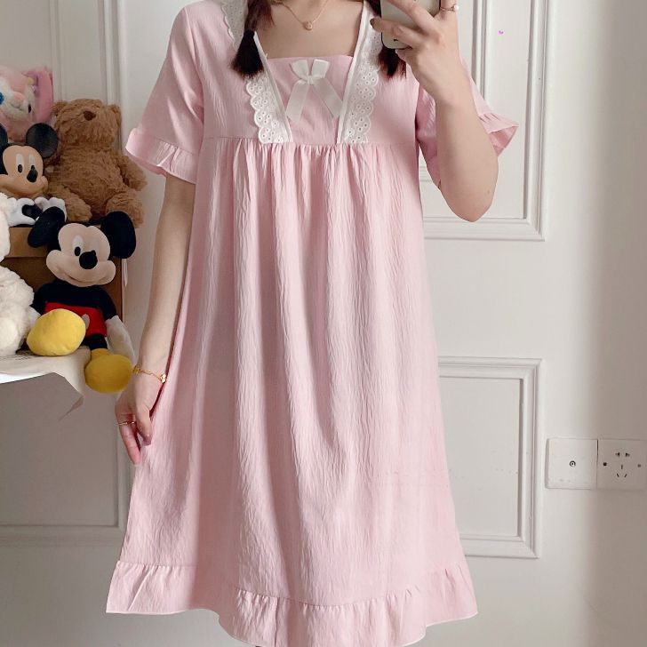 2025 nuevo estilo princesa viento nube hilo de algodón camisón mujer verano manga corta color sólido encaje pijama servicio a domicilio chica