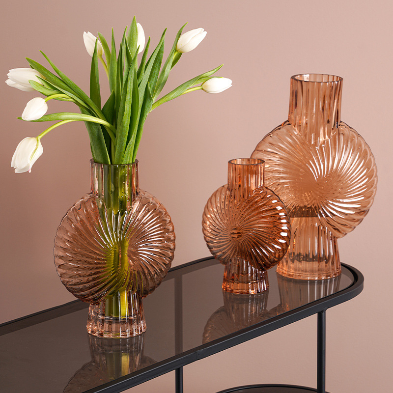 北歐簡約條紋立體凸狀水培鮮花彩色玻璃花瓶樣板間客廳裝飾擺件