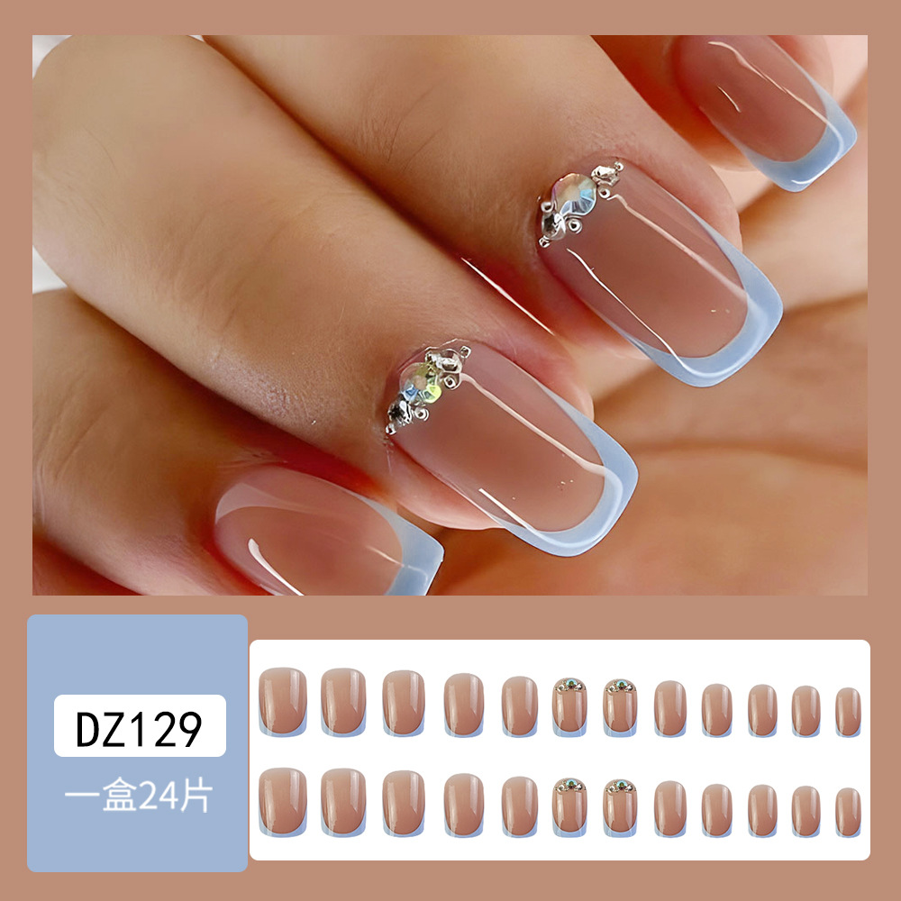 Azul de mar francés tridimensional diamante usar uñas ins comercio exterior verano manicure blanqueamiento 24 piezas de parche de uñas lote mixto