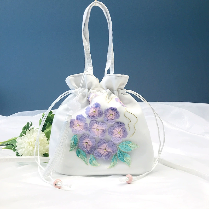Handheld Hanfu Drawstring Bag, Embroidered Tassels, 22×22 cm, Handmade Accessory