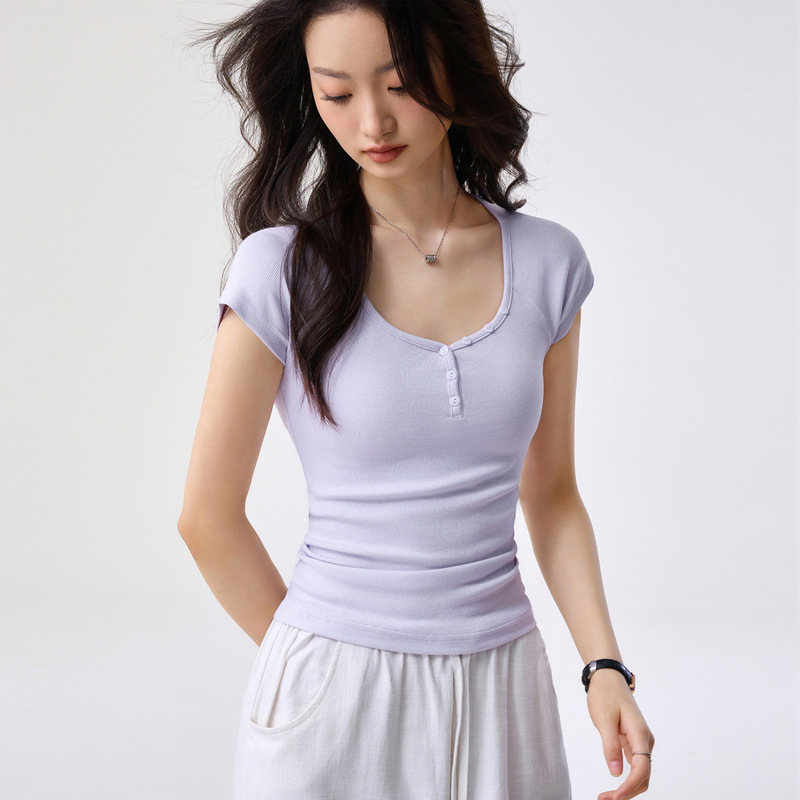 260g Ecosilk Henry V-Neck Half-Button Short-Sleeve T-Shirt for Women, Summer Flutter Sleeve Raglan Slim Fit Top 260g Ecosilk Henry V-Neck Half-Button Short-Sleeve T-Shirt for Women, Summer Flutter Sleeve Raglan Slim Fit Top